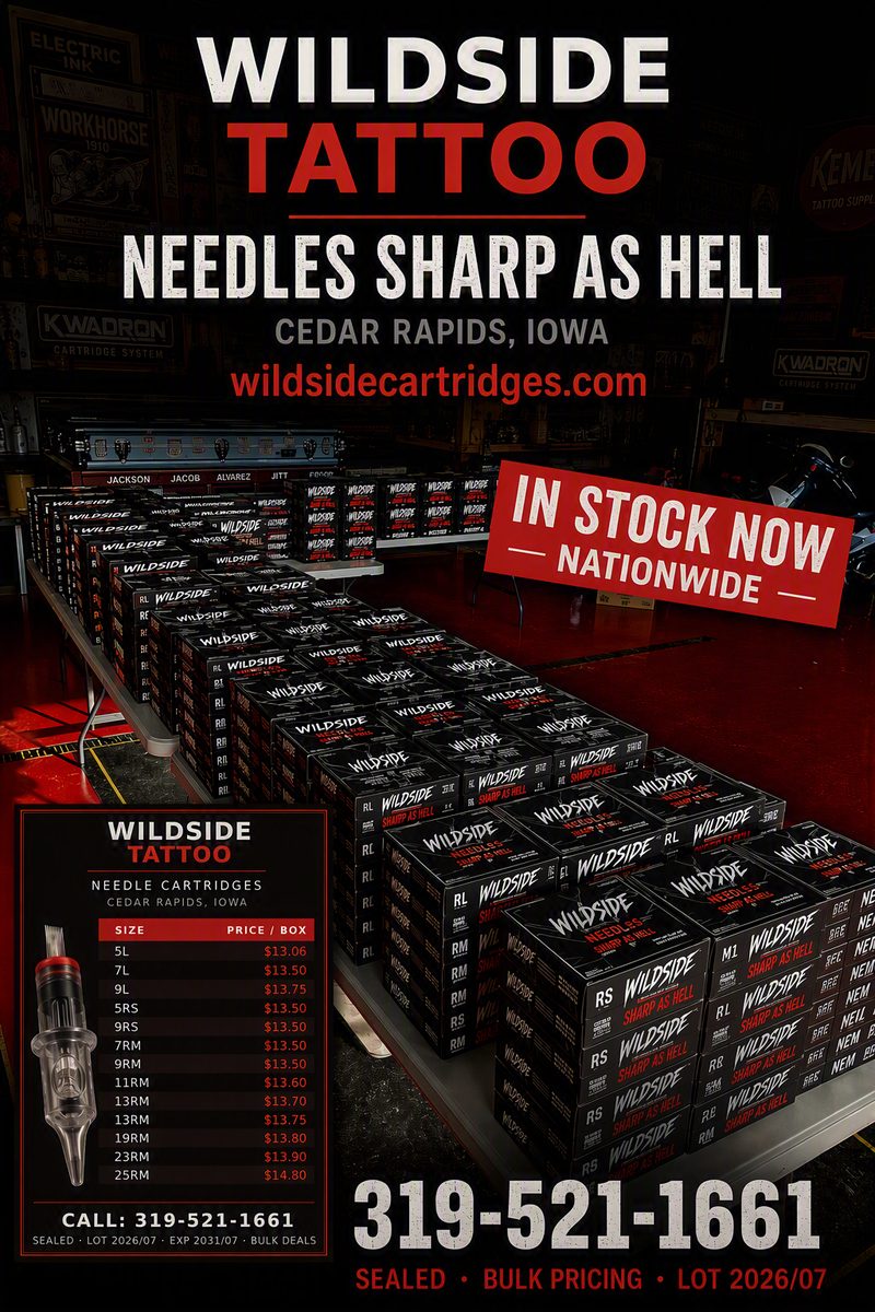 Wildside Tattoo — needles sharp as hell, Cedar Rapids, Iowa, in stock now nationwide